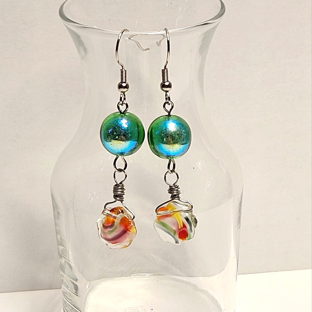 Green, Yellow, Orange Glass Beaded Earrings